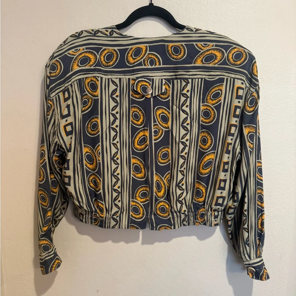 Vintage Tribal Geometric Bomber Jacket with Button Details, Partial Elastic Band - Picture 2 of 7